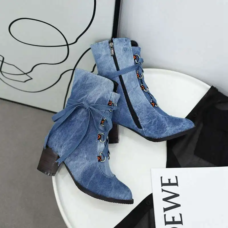 ASILETO Big size 35-46 western Fabric boots women cross tied high heels shoes blue cowboy ankle boots zipper booties mujer