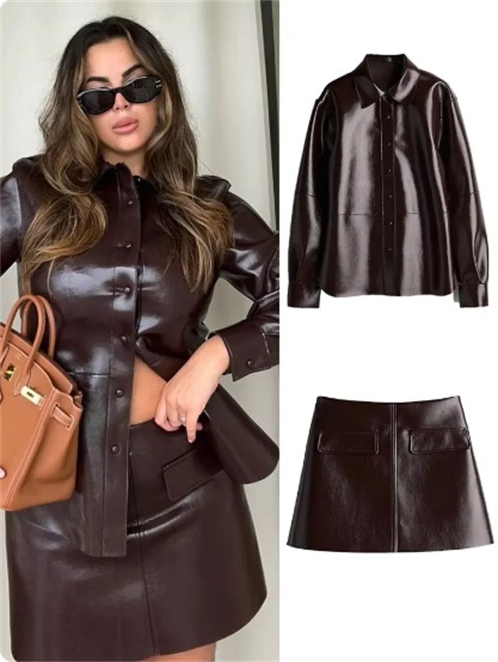 Fashion PU Leather Jacket and Skirt Autumn Women Wine Red Lapel Long Sleeve Single Breasted Coat Mini Skirt Lady Streetwear