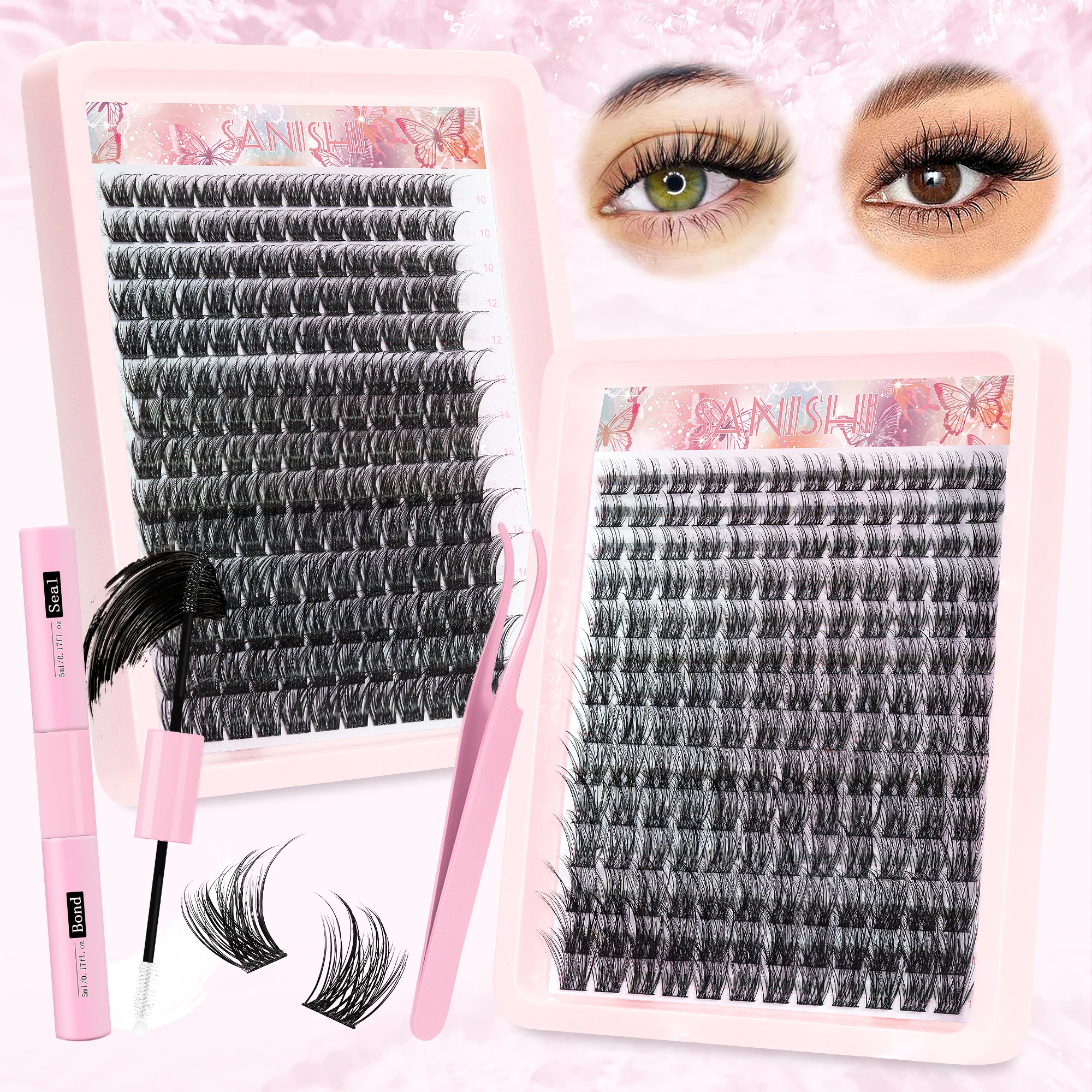 Sanishi Lashes Natural Eyelash Cluster Kit 336Pcs Single Eyelash Kit with Eyelash Adhesive and Sealing Tweezers DIY at Home