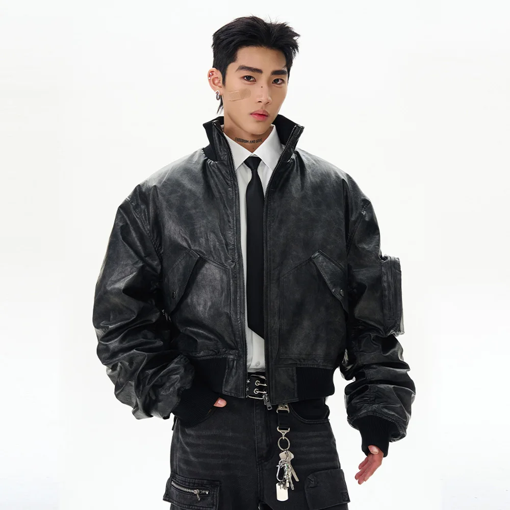 سترة شتوية قصيرة مبطنة من الجلد للرجال ملابس خروج عصرية فضفاضة غير رسمية دافئة وسميكة للدراجات النارية سترة نسائية معطف باركاس ملابس خارجية #1