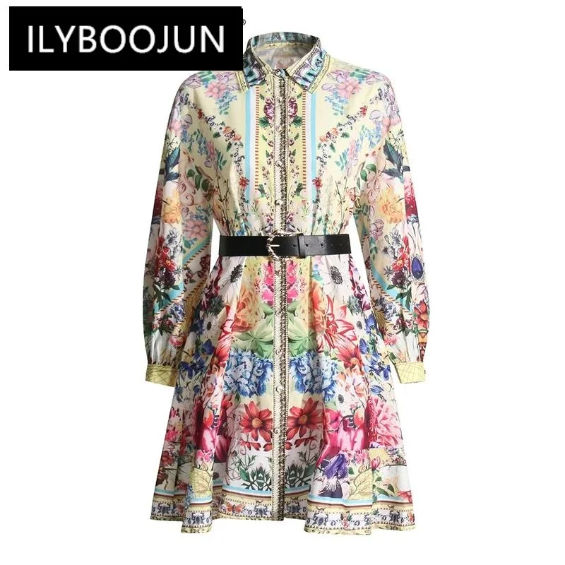 

ILYBOOJUN Colorblock Spliced Belt Loose Mini Dress For Women Lapel Long Sleeve High Waist Casual Dresses Female Vintage Style