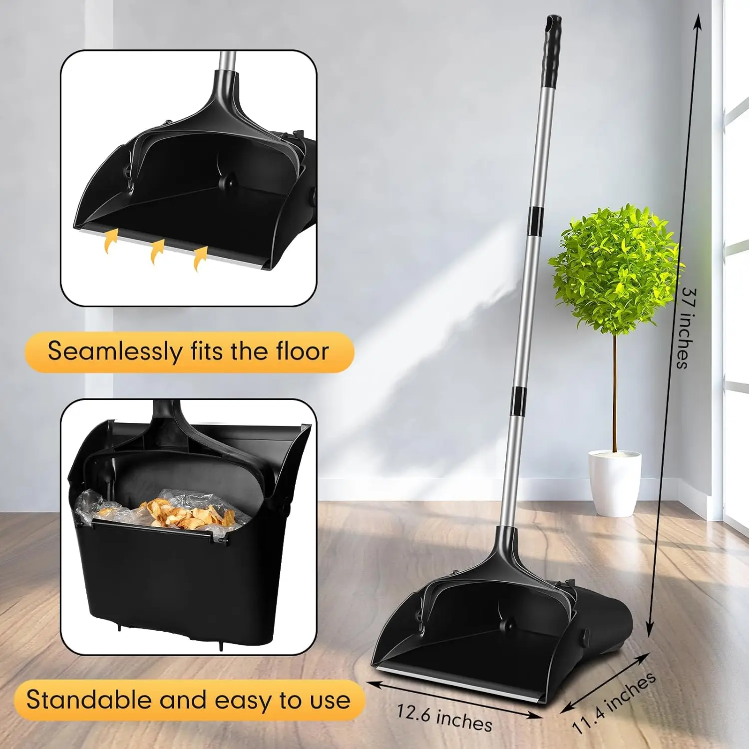 4 Pcs 37'' Upright Lobby Dust Pan Plastic Bulk, Black