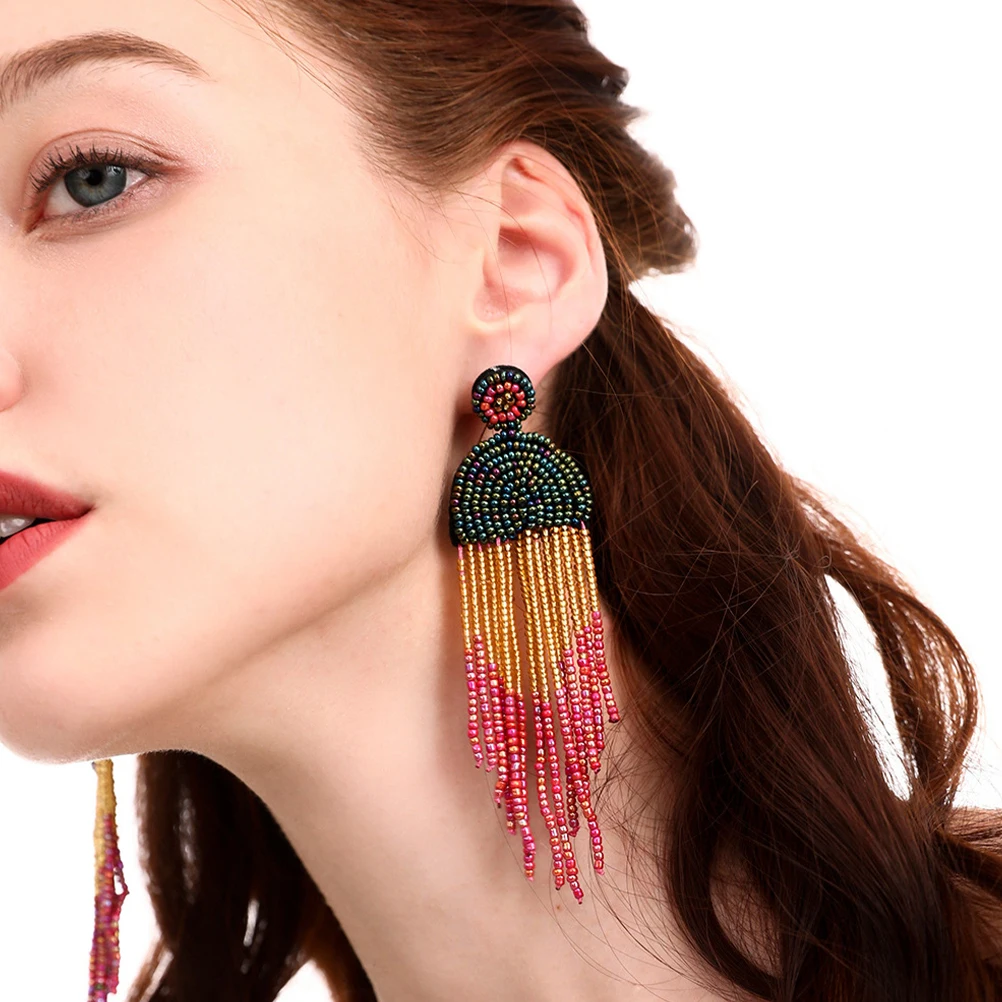 

Beaded Tassel Earrings Statement Dangle for Women Stainless Steel Fringe Eye catching Bohemian Style Water Drop 3 Pairs
