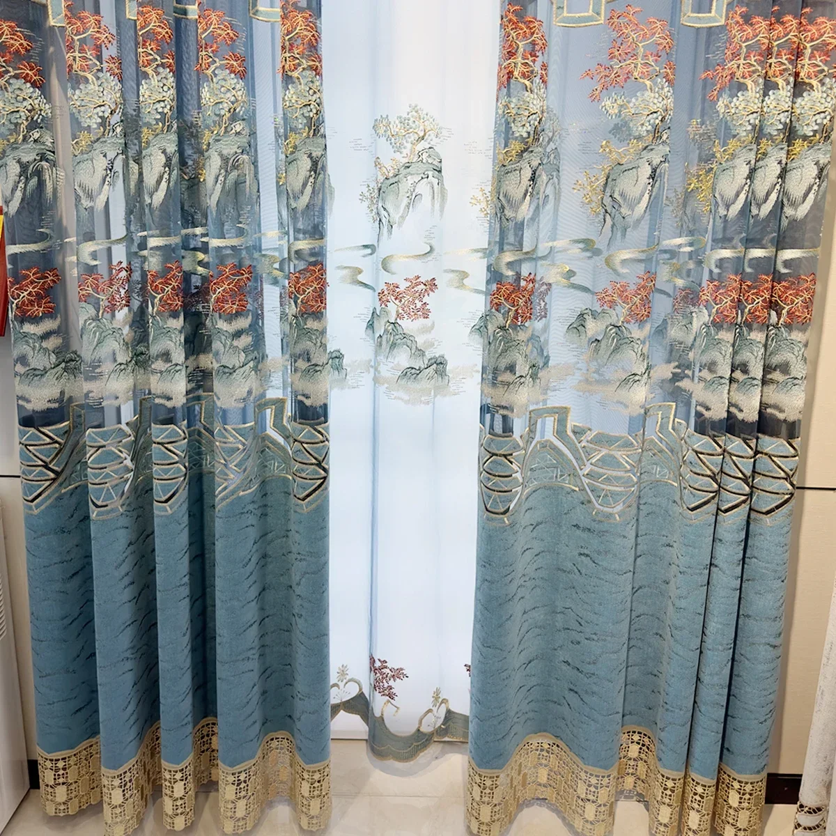 New Chinese Style High-end Blue Retro Landscape Embroidered Window Screen Hollow Sequin Curtains for Living Room Bedroom French