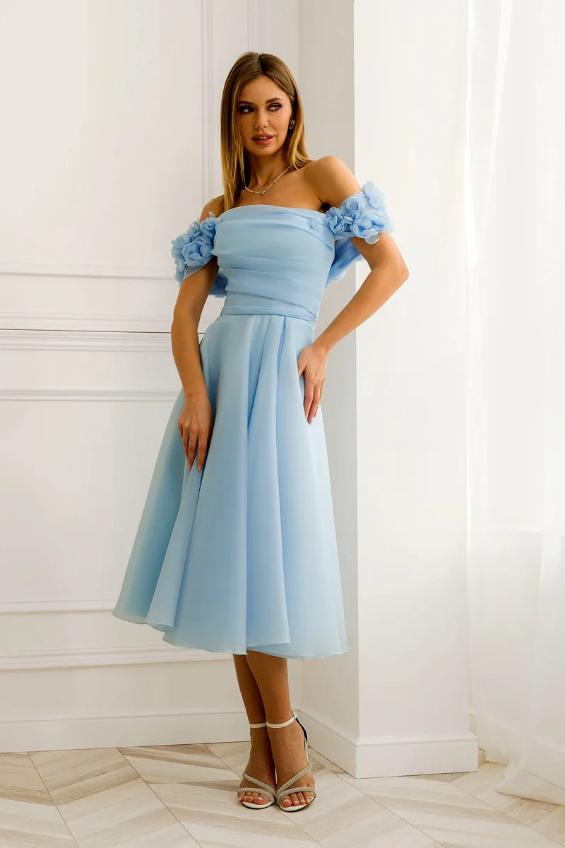 Simple Straight Organza Short Homecoming Dresses With Floral Embellishments on the Hair Tie Sleeves Tea Long Graduation Dresses