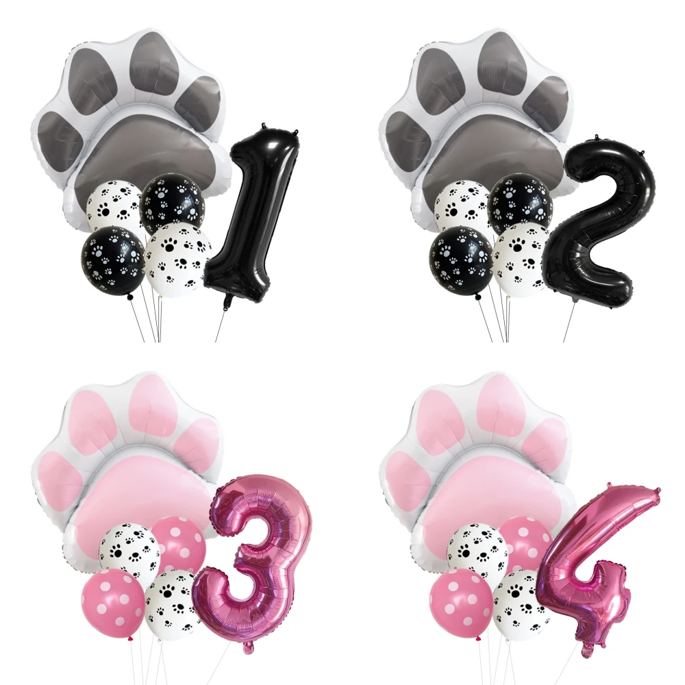 Animal Let's Pawty Dog Cat Paw Aluminum Balloon 32 inch Pink Black 1 2 3 4 Year Birthday Party Decor Balloon Baby Shower