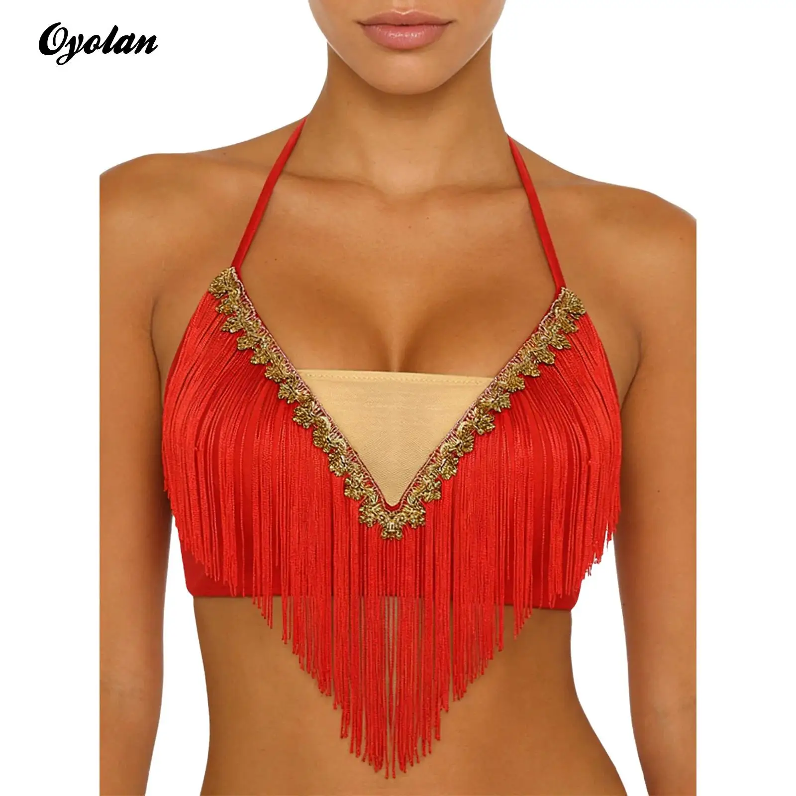 

Женский топ для восточных танцев, костюм с завязками, кружевной топ-халтер с бахромой и золотой отделкой, танцевальный топ-слинг, одежда для фестивалей, вечеринок и клубов