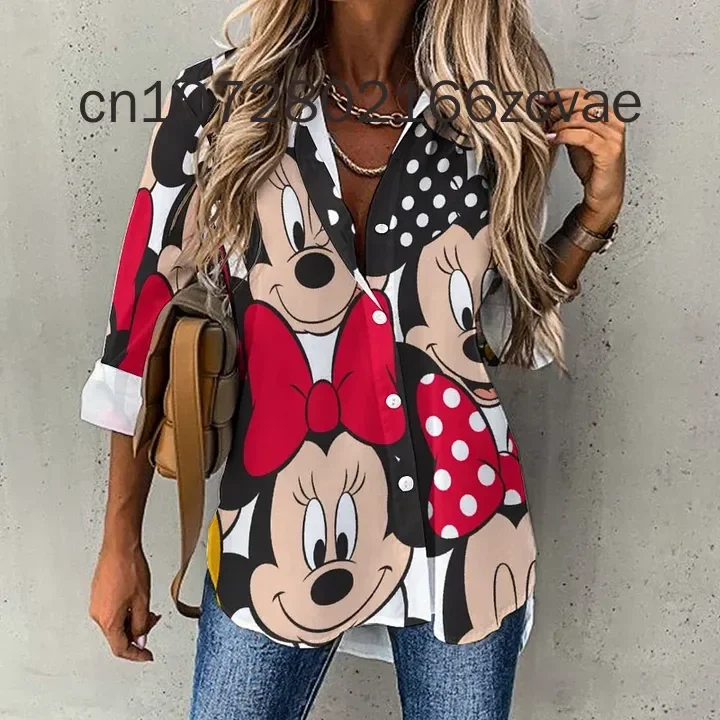 New Disney Mickey Minnie Women\'s Shirt Harajuku Slim Fit 3D Printed Button Long Sleeve Lapel Casual Cute Y2K Shirt