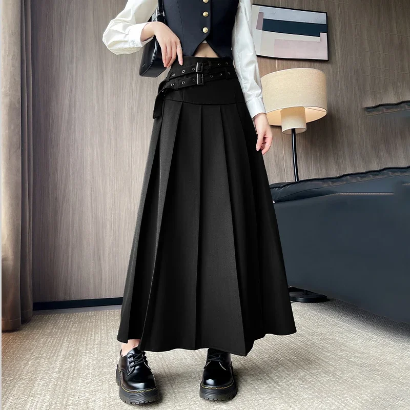 

Double Waistband Suit Skirts 2024 Autumn New High Waisted Mid A-line Umbrella Skirt Long Skirt for Women OL Pleated Black Skirt