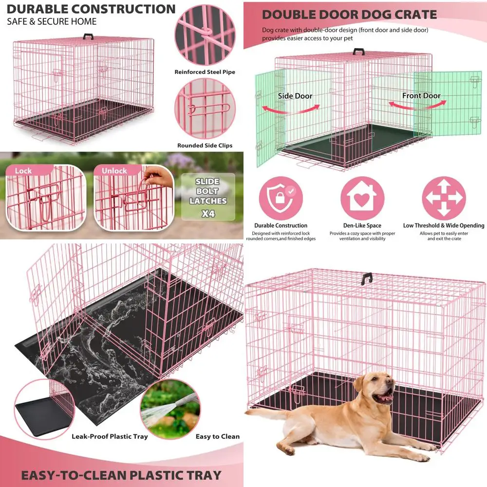 

Portable Pink Metal Dog Crate, 36, Suitable for Medium Breeds, Double Door, Secure, Leak-Proof, Ideal for Travel and Outdoor Use