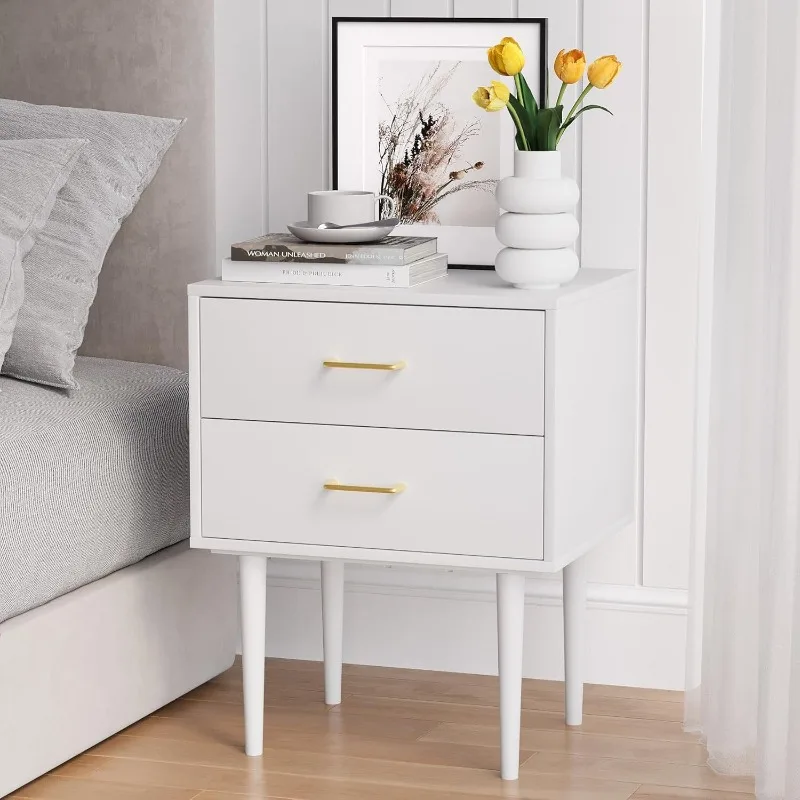 

White Nightstand with 2 Drawers, 26" Tall Modern Bedside Table, Mid-Century Modern End Table, Wood Night Stand Modern Nightstand