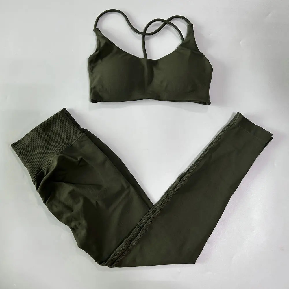 2-teiliges Sport-Set für Damen, nahtloser Yoga-BH mit Riemchen am Rücken, mittlerer Halt, Yoga-Leggings mit hoher Taille, Scrunch-Gym-Hose, Fitness-Strumpfhose – Detail 13