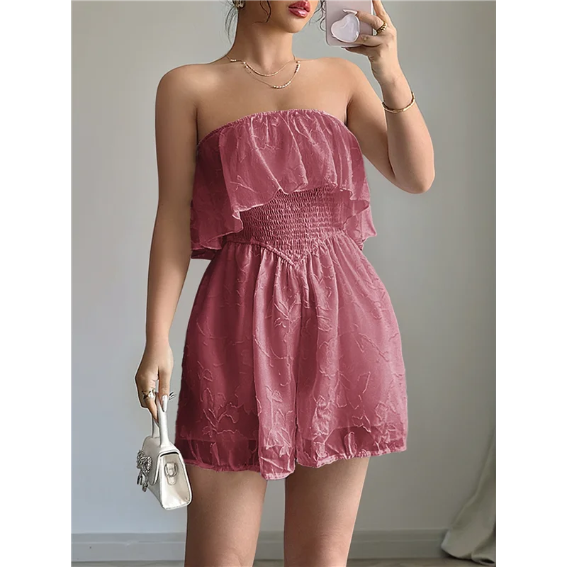 CYL-Mono corto de playa con cintura elástica plisada sin tirantes y estampado floral informal con hombros descubiertos para mujer