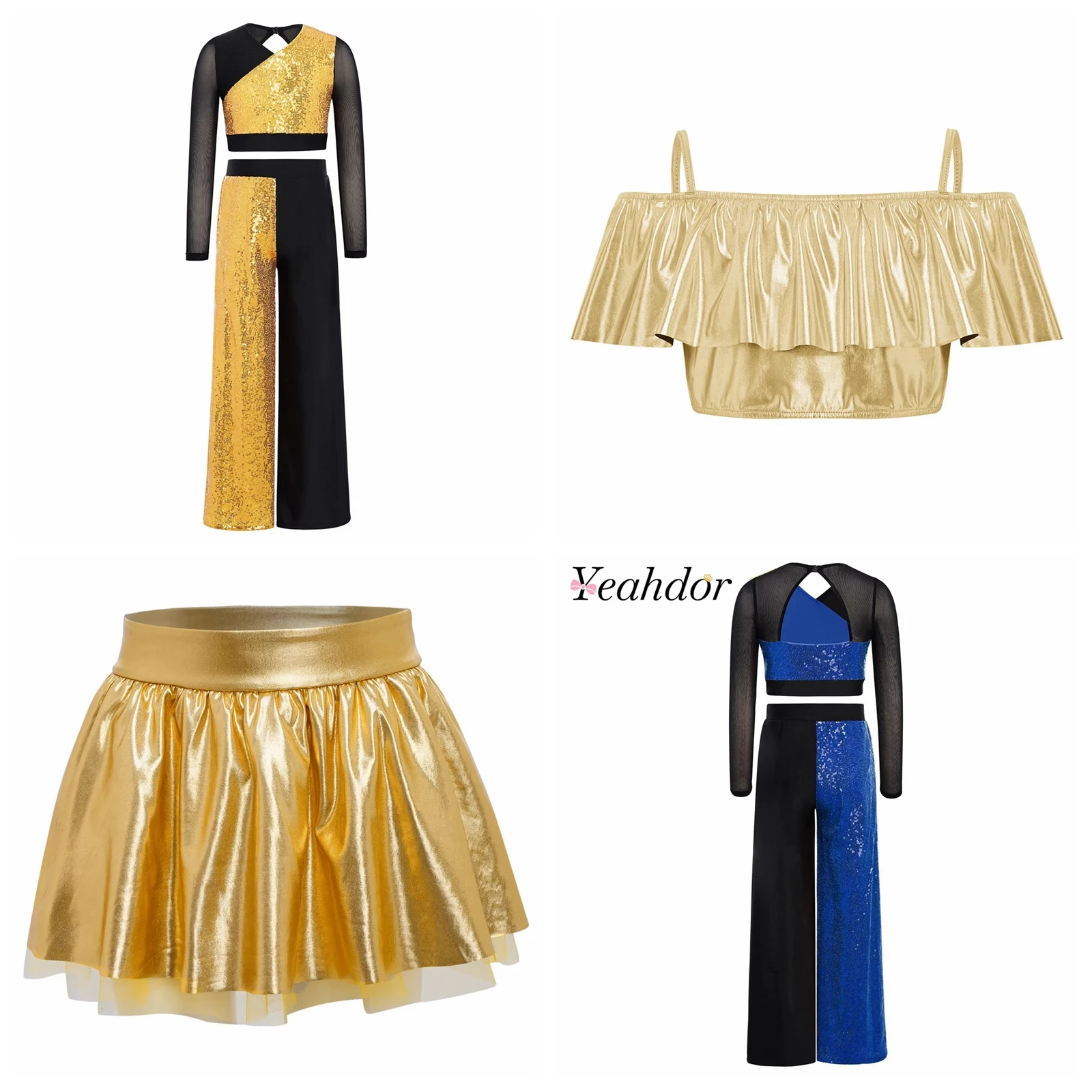 Children 80s Disco Outfit Kids Fashion Metallic Jazz Dance Costume Sequins Colorblock Top Suits Children Modern Hip Hop Clothes