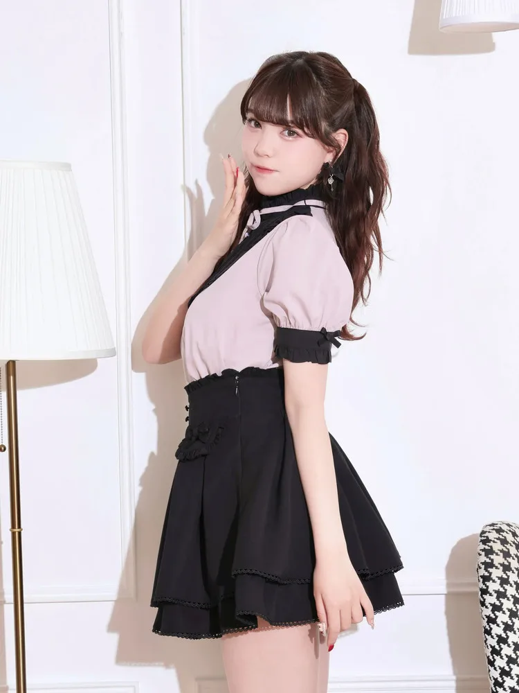 

Original Japanese Sweet Court Style Stand Collar Tie-up Shirt Girls Women Lolita Sweet Bow Ruffle Short Sleeve Top Summer Blouse