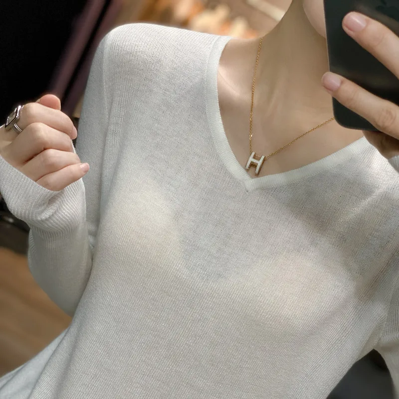 Spring and Autumn Thin Micro Through Fine Imitation of Ultra-Fine Wool Knit Sweater Women Pullover Leisel V-Neck Long Sleeve Top