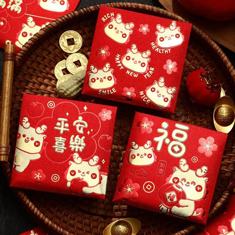 Enveloppes à motif de dragon du zodiaque, paquet rouge, style chinois, sac d'argent porte-bonheur, fournitures de nouvel an, mignon, 2024, 6 pièces