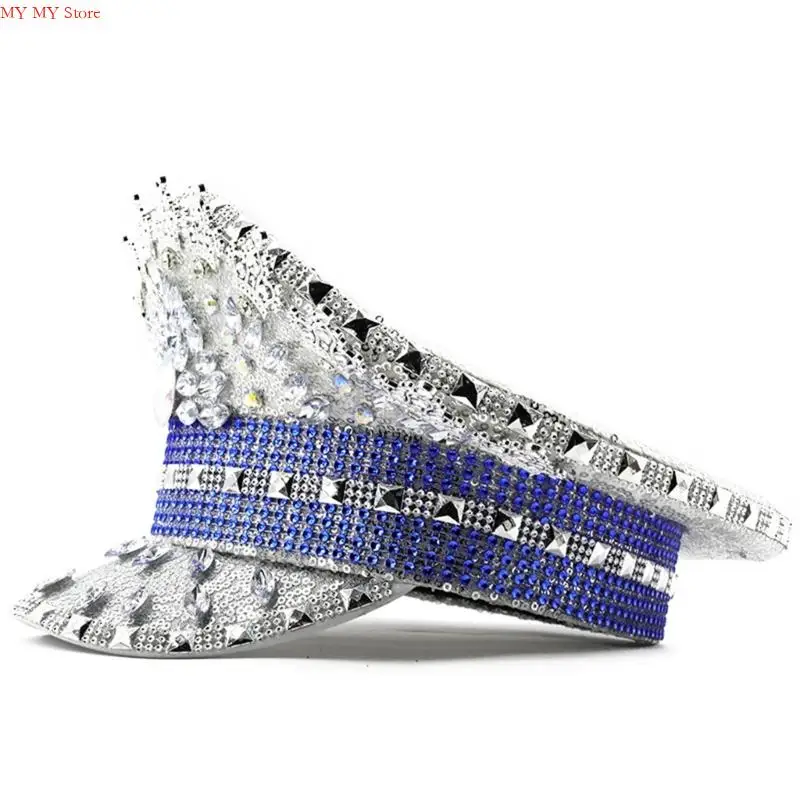 Llamativo sombrero capitán plateado N1HE con incrustaciones diamantes imitación para mujer, ropa fiesta, sombrero