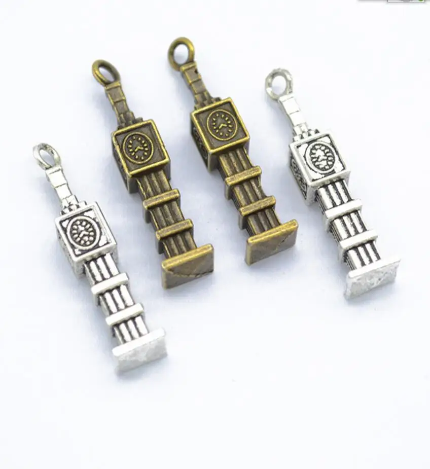 10pcs Charms Big Ben 3D Clock 27x5x5mm Tibetan Bronze Silver Color Pendants Antique Jewelry Making DIY Handmade Craft F0562