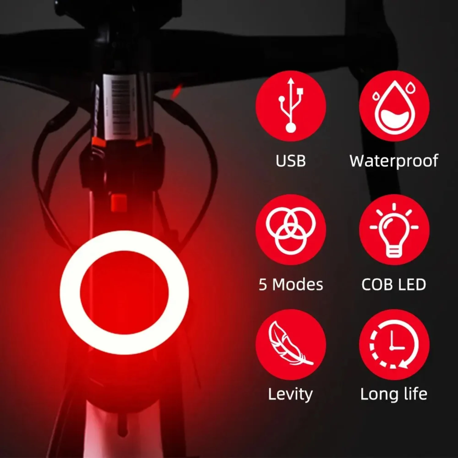 Feu arrière de vélo multi-modes d'éclairage, Rechargeable par USB, feux arrière Flash, tige de selle de vélo vtt, sangles de hamac