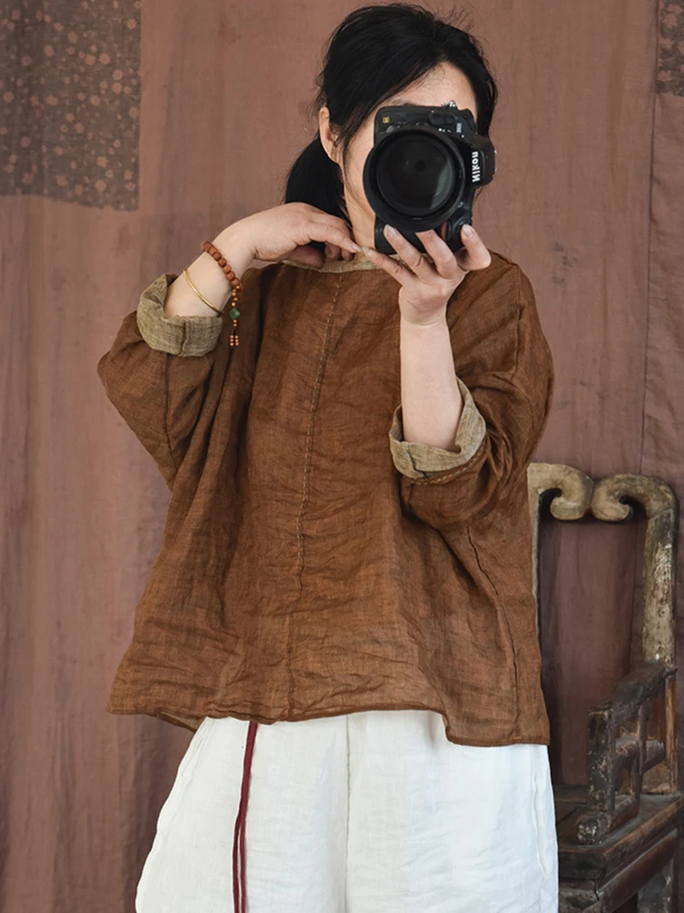 Mulheres manga longa ramie camisetas novo 2025 primavera estilo vintage solto confortável feminino casual algodão linho topos t m799