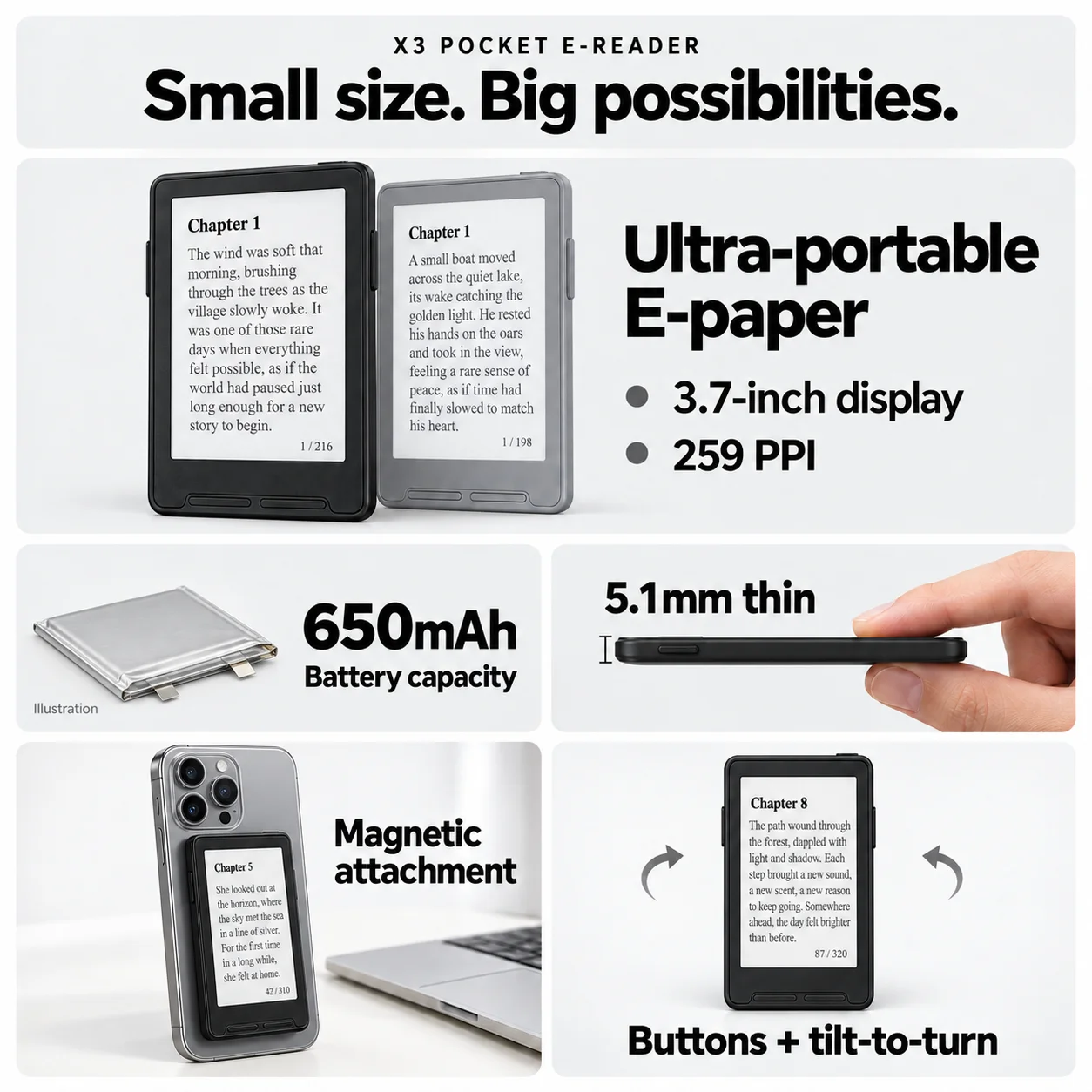 XTEINK X4 Classic/X3 – czytnik e-booków z ekranem dotykowym, lekki, z magnetycznym uchwytem, 4,3-calowy, ultracienki, przenośny czytnik e-booków, 16 GB. — zdjęcie produktu 3