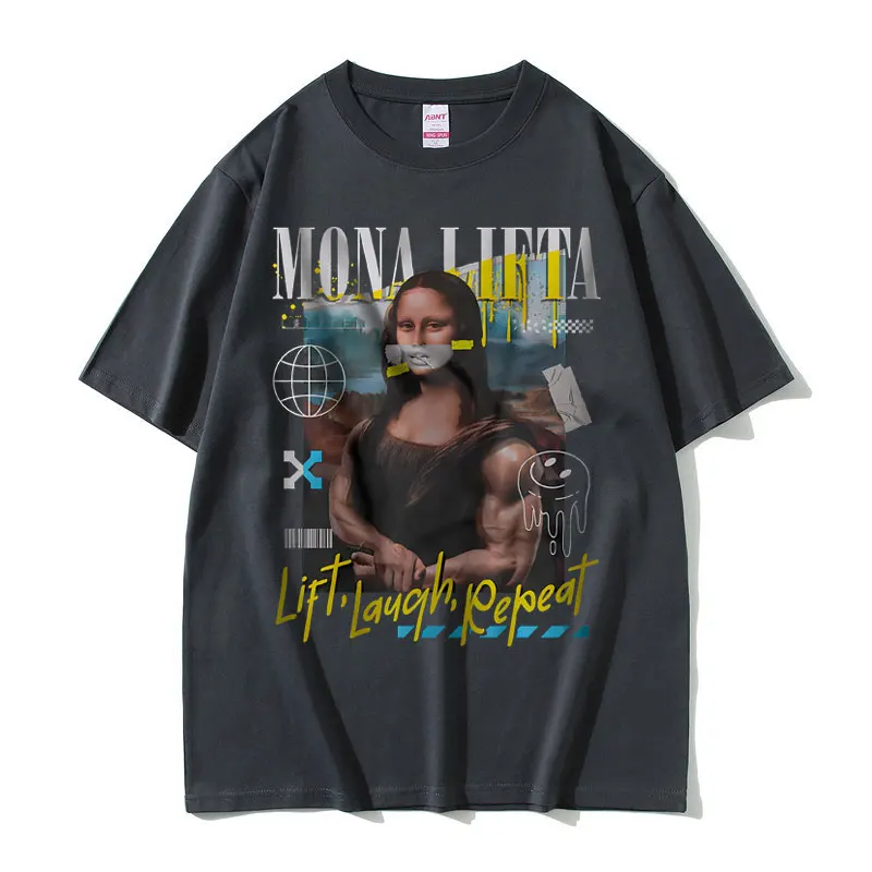 Funny Mona Lifta Oversized Pump Cover Meme Graphic Tshirt Men Women Vintage Gym Fitness T-shirt Summer Male Soft Cotton T Shirts