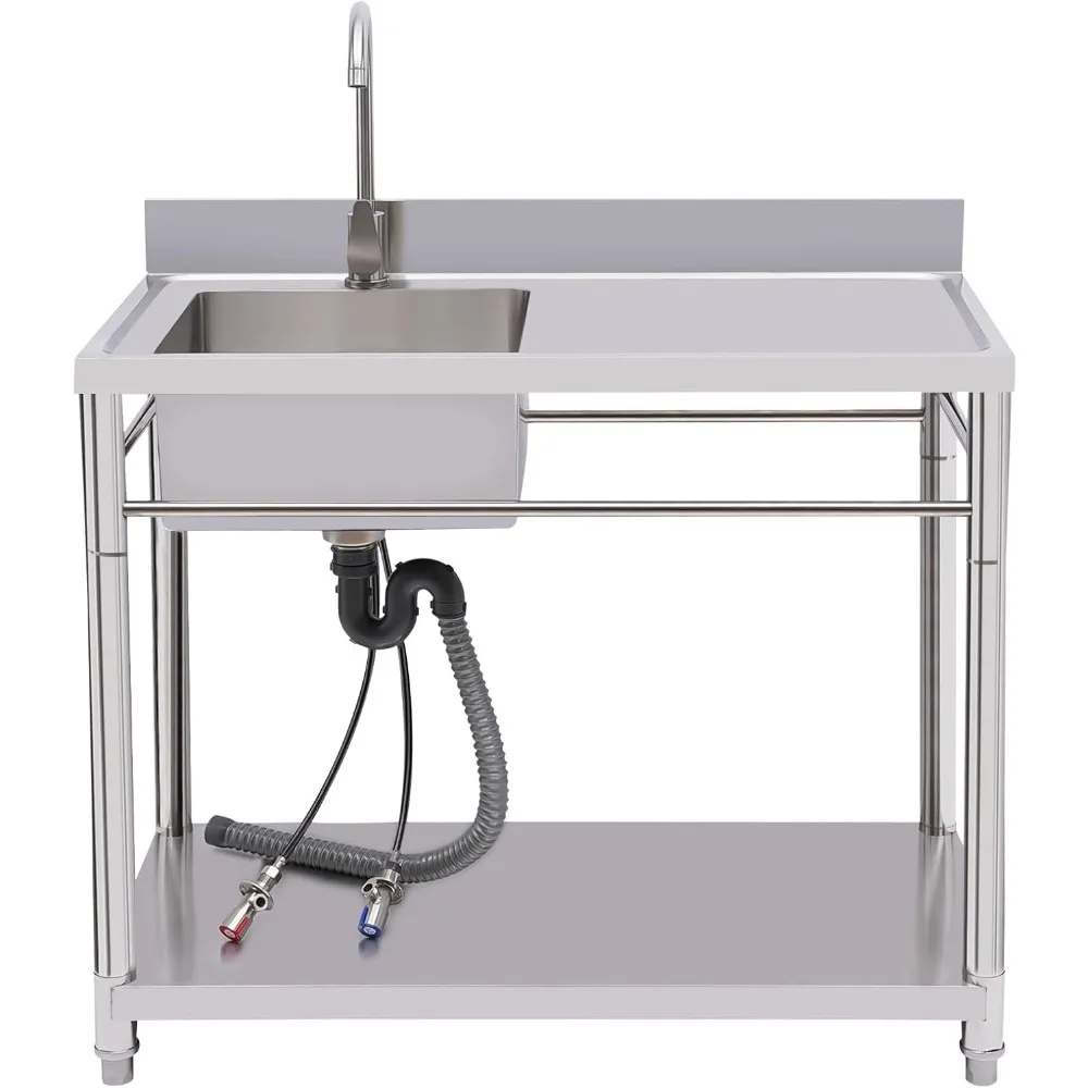 

Free Standing Single Bowl Kitchen Sink Set, Kitchen Sink Stainless Steel Restaurant & Utility Sink, 39.37" W x 19.7" D x 31.5" H