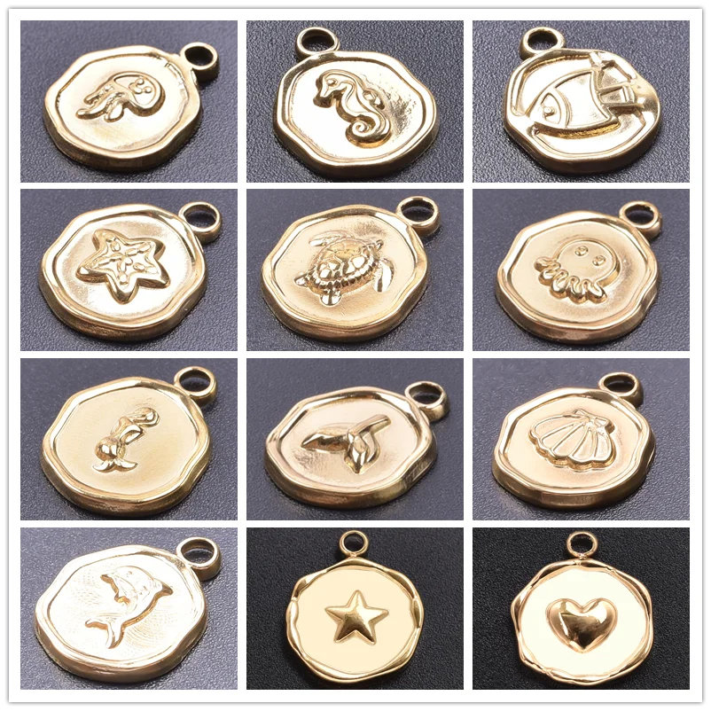 10pcs/Lot Real Gold Plated Marine Animal Stainless Steel Charms For Jewelry Making Supplies Turtle Dolphin Fish Pendant Material