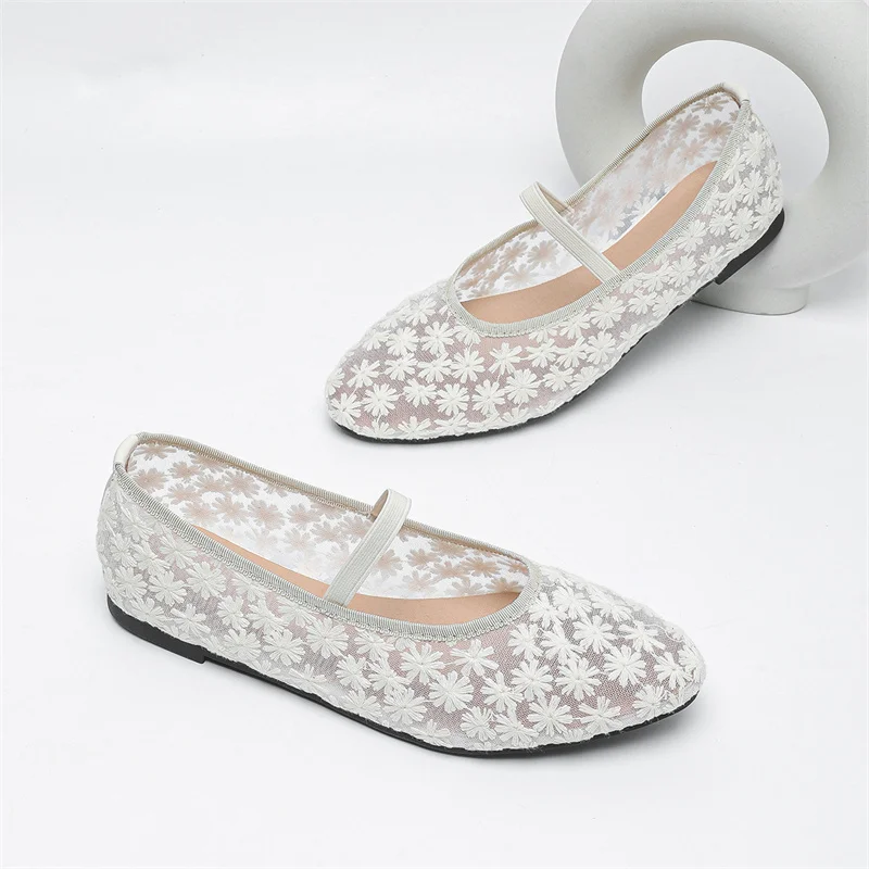 IPPEUM Malha Ballet Flats Mulheres Dedo Do Pé Redondo Branco Plus Size 43 Bailarinas Zapatos Mujer