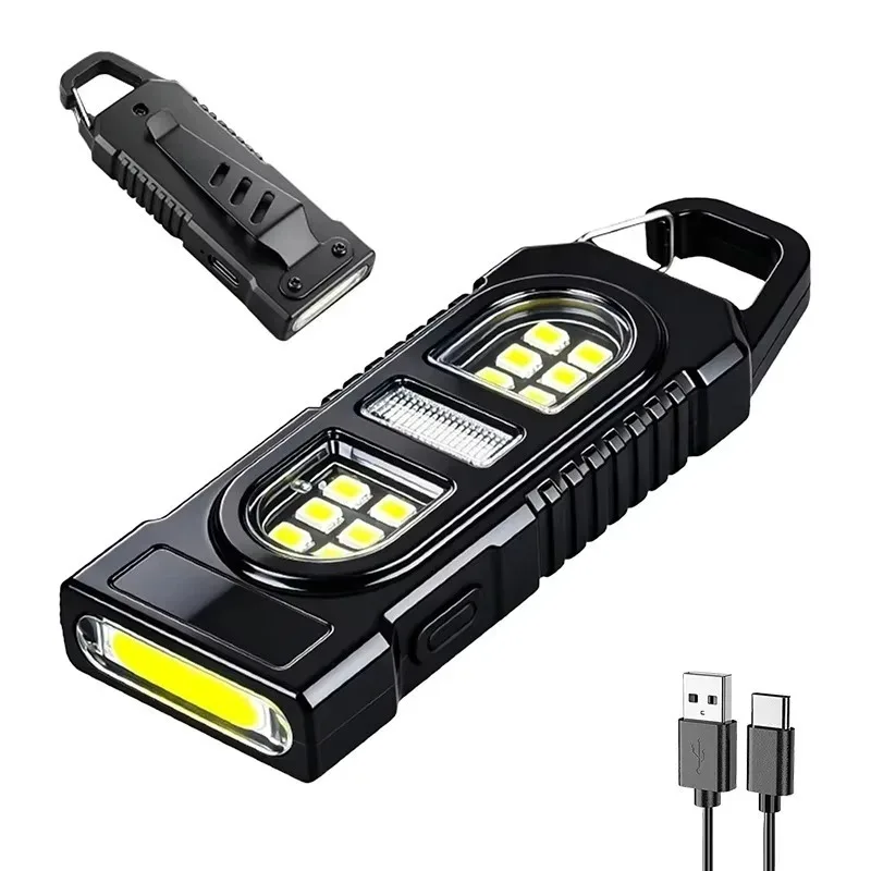 Camping Walking Table Lamp, Powerful Mini COB LED Keychain Flashlight, USB Rechargeable Hanging Work Light, Waterproof Keychain