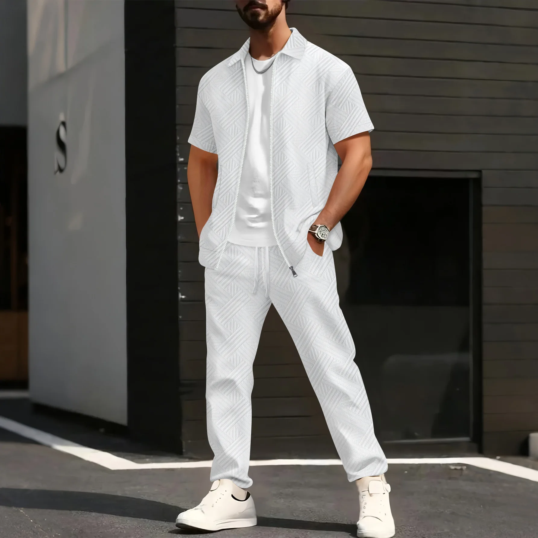 Men's Summer 2026 Solid Color Jacquard Zipper Cardigan Short-Sleeved Jacket And Long Pants Set Casual Fashion Outfit - Image 4