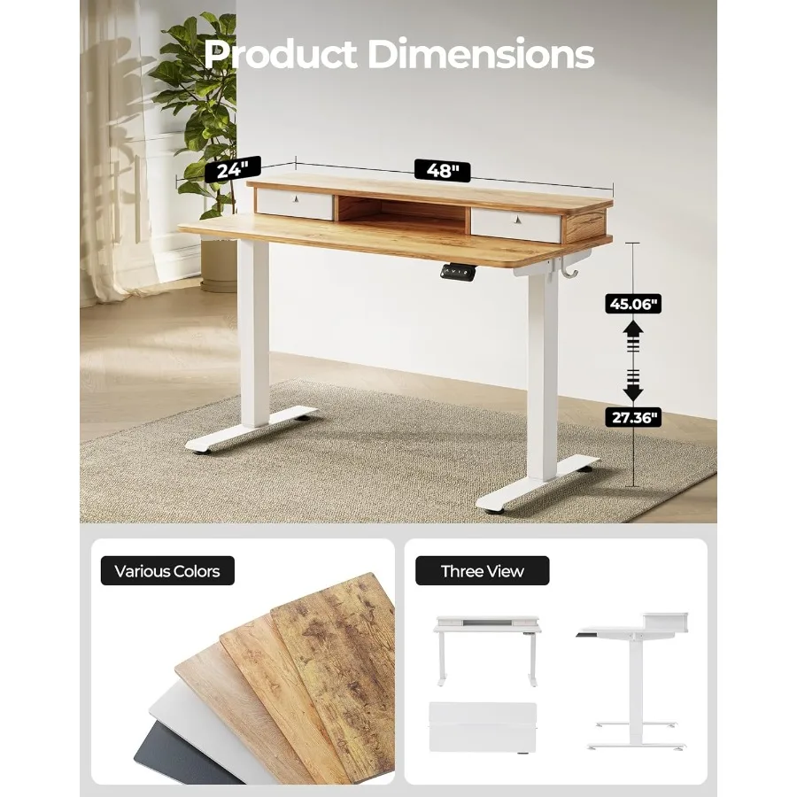 48'' x 24'' Adjustable Standing Desk with Double Drawers for Home Office Setup Height-Adjustable Stand-Up Table with 4 Sturdy F
