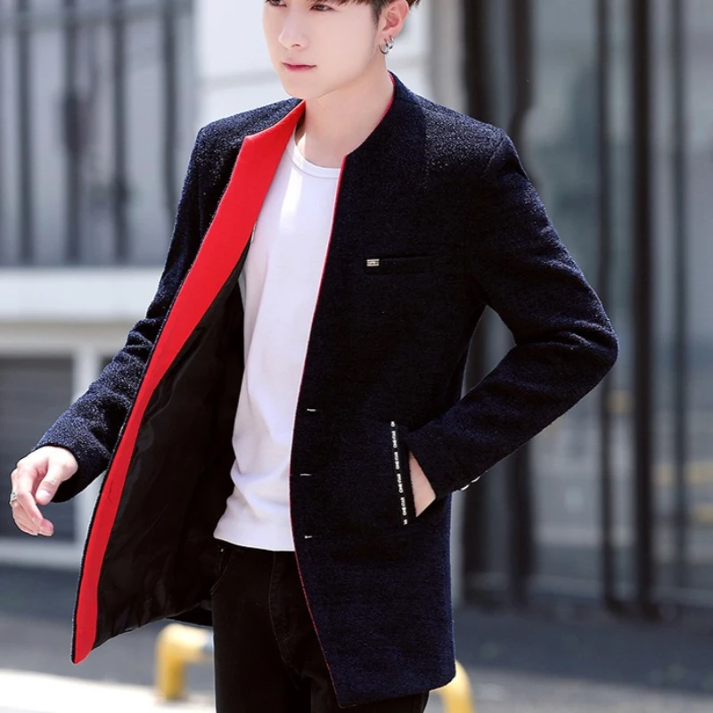 Męska kurtka wełniana średniej długości na zimę 2025, gruba, ocieplana aksamitem, ciepła, codzienna wiatrówka, modna męska kurtka biznesowa, elegancka, dopasowana kurtka wełniana.