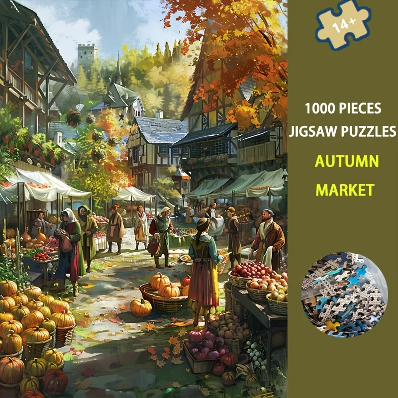 

1000 Pieces Adult Puzzle, Large Size (70x50cm) | Harvest Festival Market and Gathering Village Scene with Paper Reference Poster