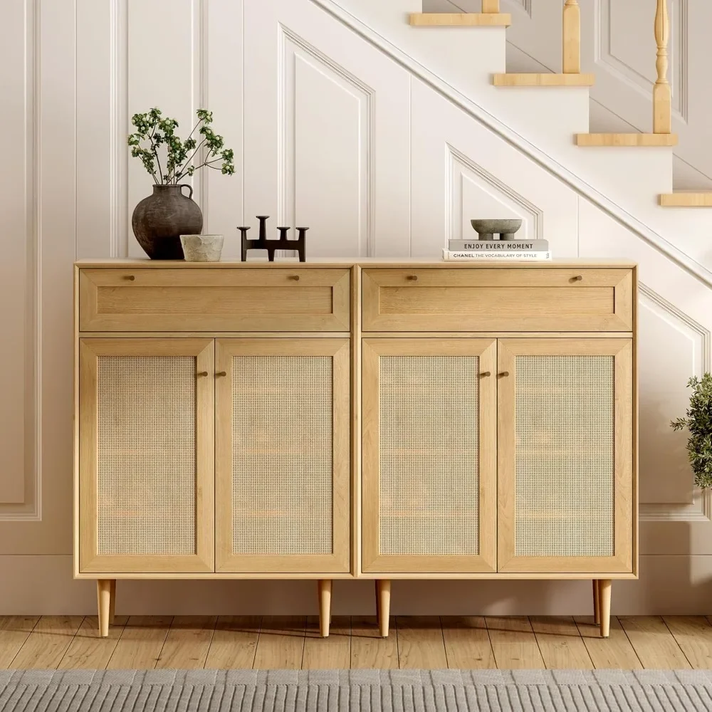 Large Shoe Storage Cabinet, with Drawer and Doors Freestanding Rattan Organizer Rack, Modern Farmhouse Accent Shoe Cabinetn