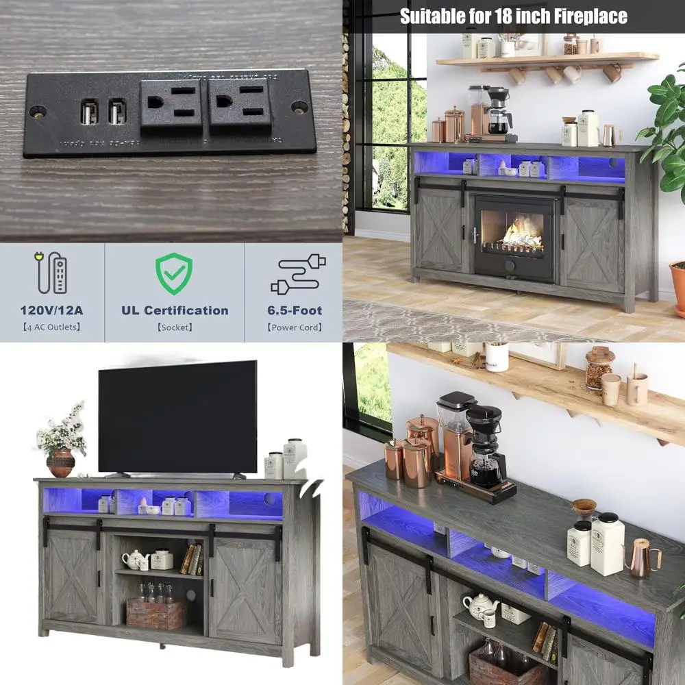 

Тумба под телевизор Rustic 65 с раздвижной дверцей в стиле амбарной двери, серая, из состаренного дерева, для хранения медиаустройств