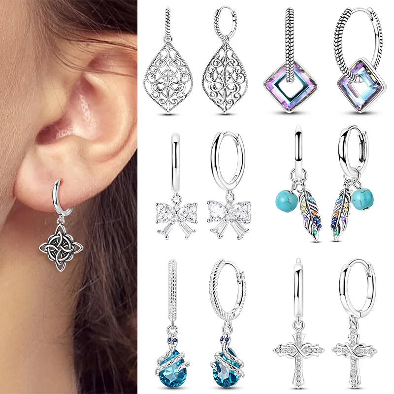 Ohrhänger aus 925er-Sterlingsilber, Feder, Schleife, keltischer Knoten, Pendientes für Damen, Modeschmuck