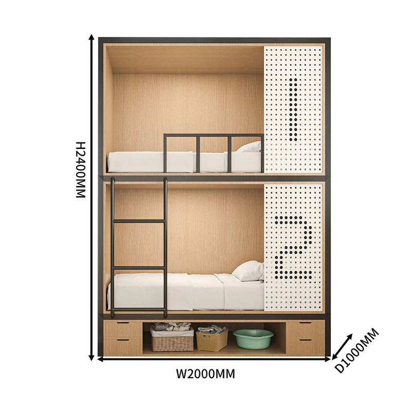 

Modern design solid wood and metal double bed simple dormitory space or apartment bedroom