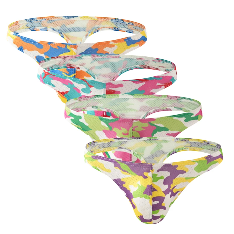 4PCS Men's Cartoon Printed Camouflage Thongs Low Waist Underwear Breathable Mesh Elastic Soft T-Back Jockstrap Men Underpants