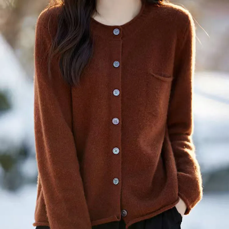 

Зимний карманный декоративный стиль, кардиган, женский вязаный свитер из мериносовой шерсти, однобортный свитер с круглым вырезом, высококачественные свободные топы
