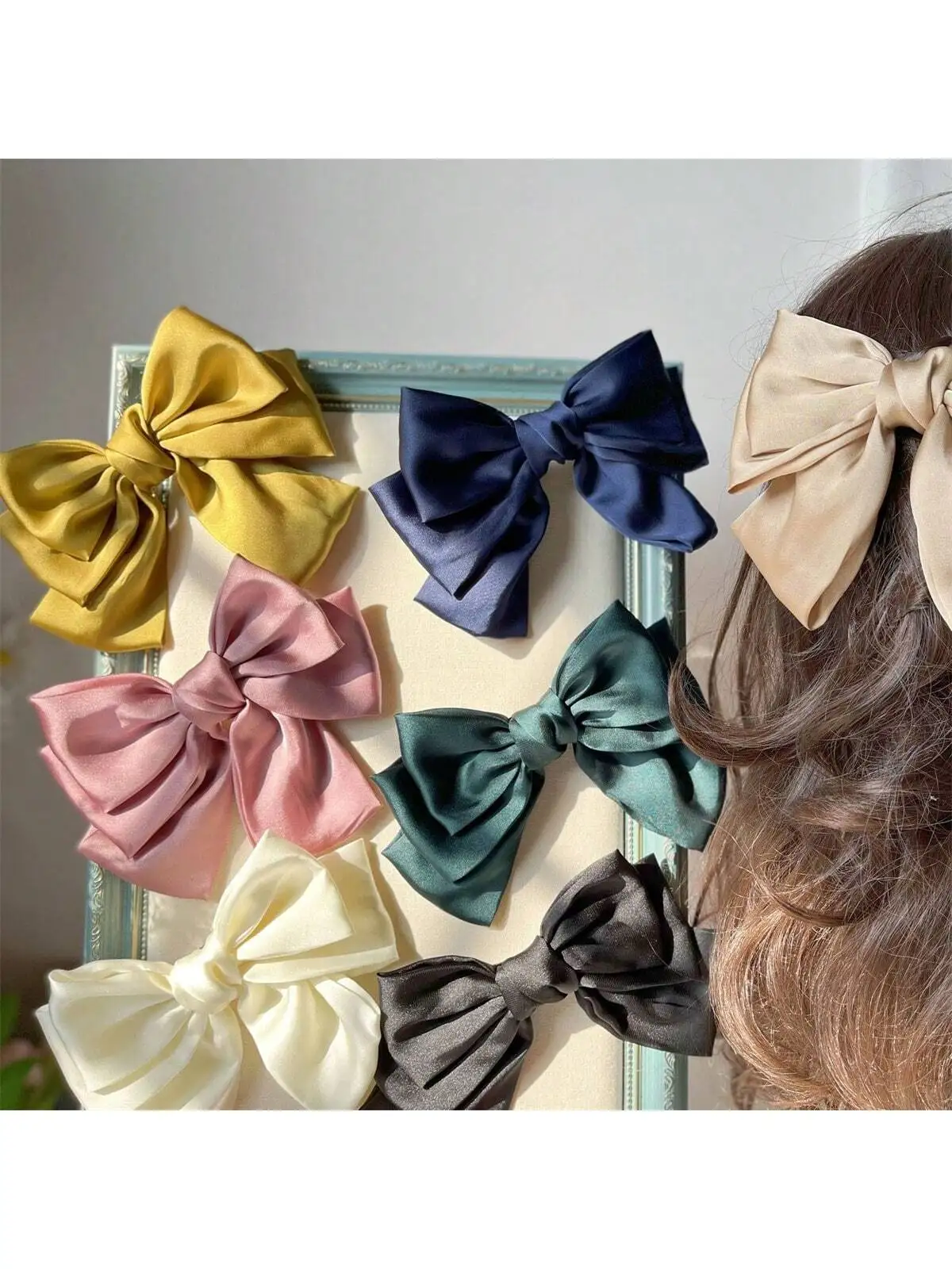 1 women\'s new spring black red pink beige solid color cloth art silk big bow three layer spring clip