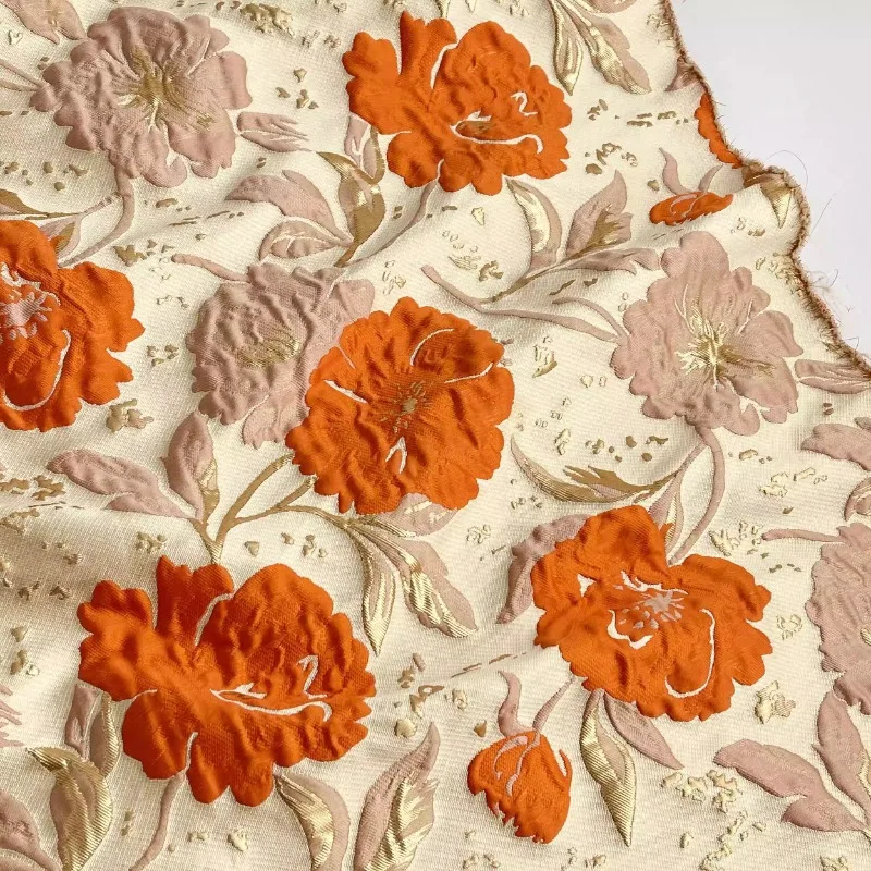 Orange Large Floral 3D Embossed Opaque Decorative Fabric for Spring Autumn Women's Dress, Puffy Dress & Bag Material Wholesale