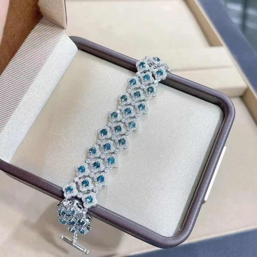 Blue Topaz Bracelet Adjustable, S925 Sterling Silver White Gold Plated Sky Blue Gemstone