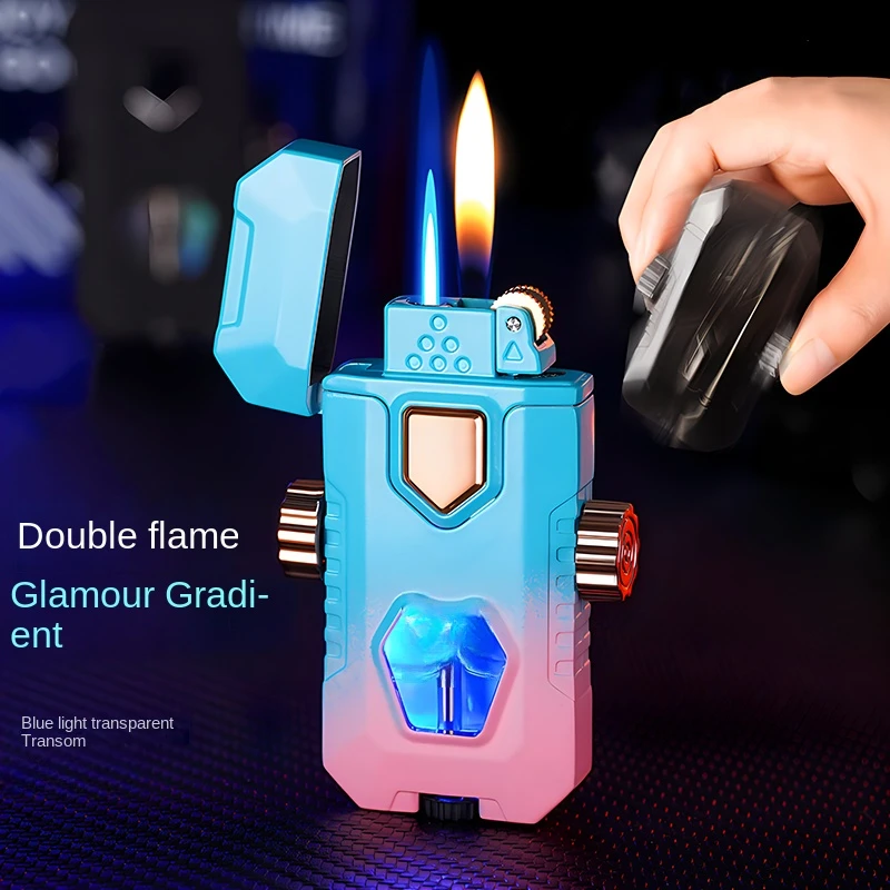

Dual Flames Fidget Spinner Metal Windproof Cigar Lighter Jet Torch Gas Unusual Lighters Smoking Accessory Butane Gadgets for Men