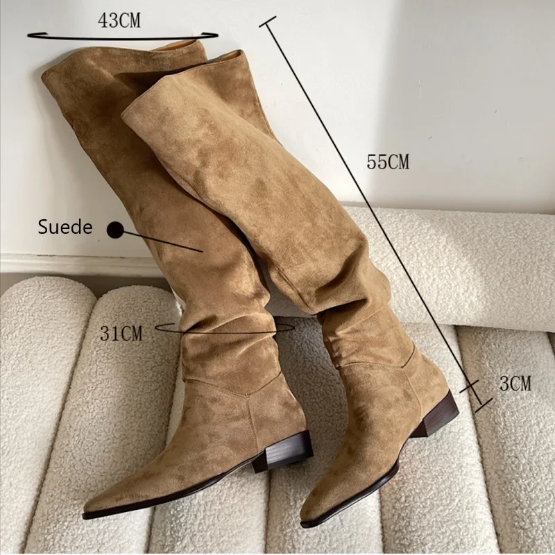 Knee- High Boots LadySlip On Simple Pleated  Stretch Suede Winter Botas Big Circumference Spring Autumn Woman Boots Large Size43