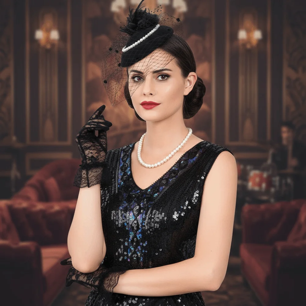 

Exquisite Mesh Feather Headband Elegant Sweet Bride Headdress Headpiece Hair Band Gloves Top Hat Necklace Set Photography