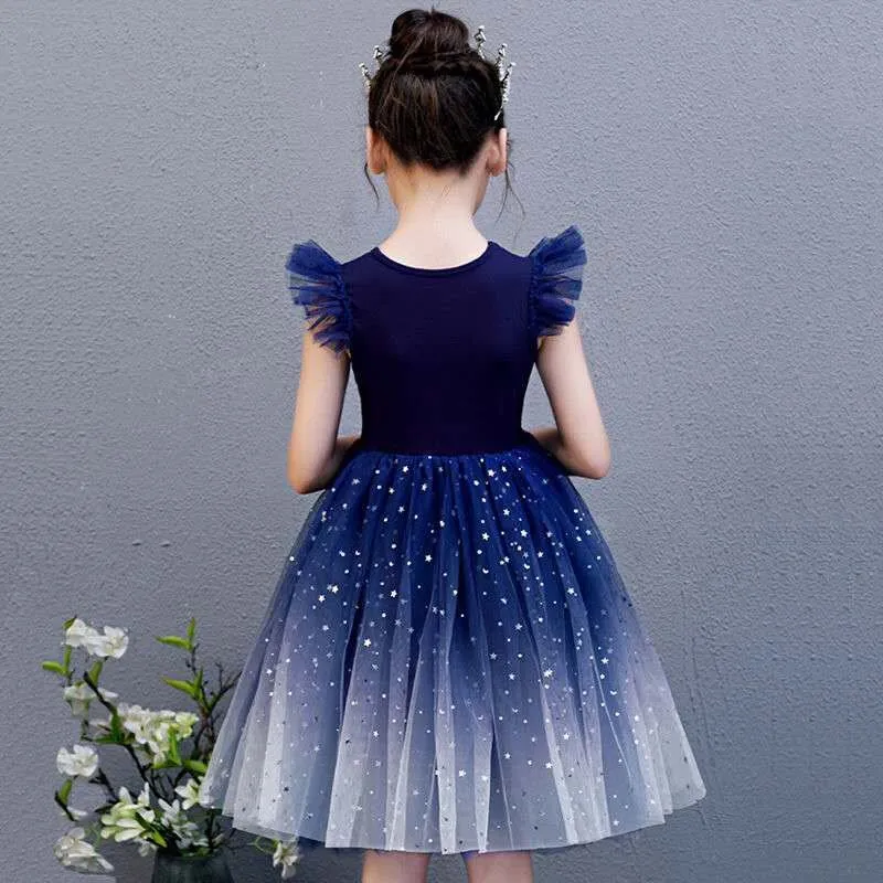 2024 Spring and Autumn New Style Girls Dress Middle Children Korean Fashion Glittering Romantic Star Lace Skirt