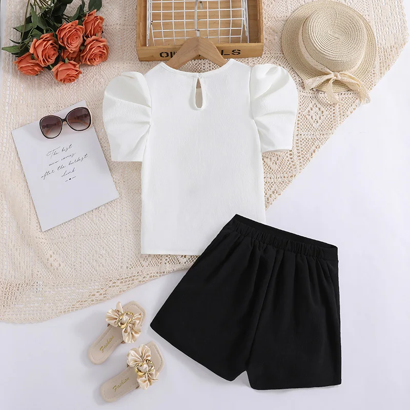 Girl Two Piece Set Summer New White Top + Black Culottes Daily Casual Stylish Party Designed Classic Preppy Style Outifits