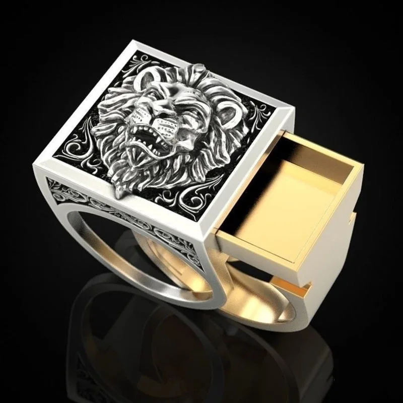 Retro Fashion Punk Domineering Lion Head Men's Ring Creative Invisible Box Storage Finger Ring Link Day Friendship Gift Jewelry